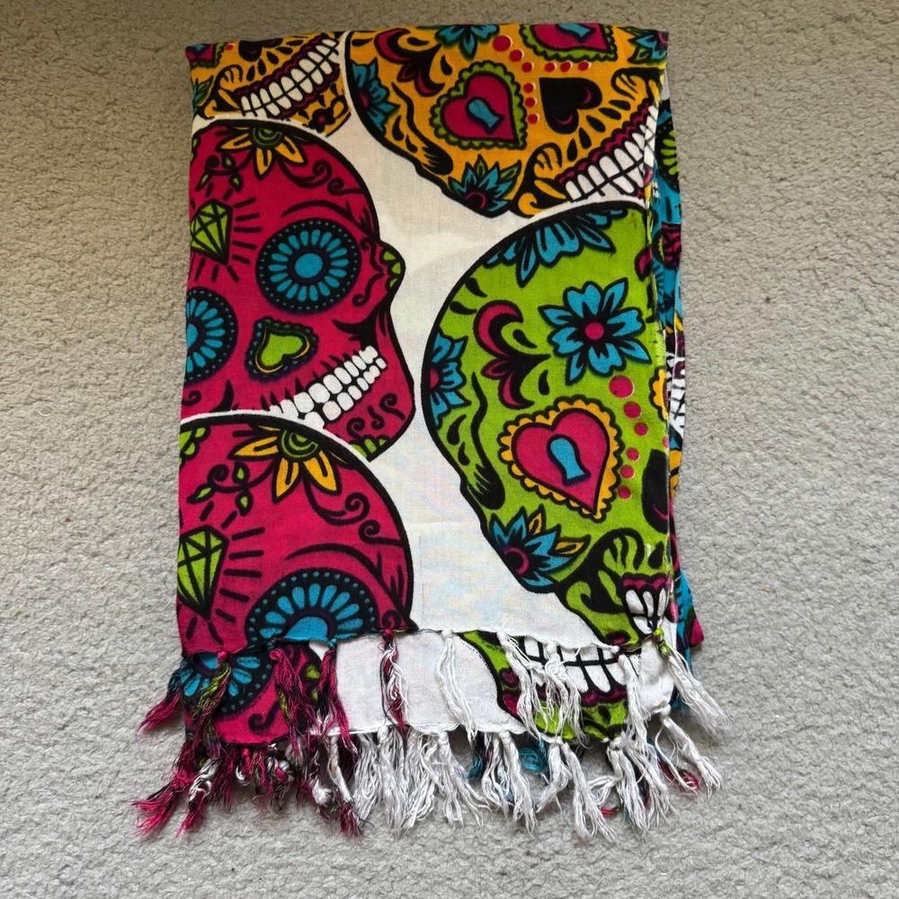 Sugar Skull Scarf Day of the Dead Bandana Head Wrap‎ Colorful Fringe Halloween